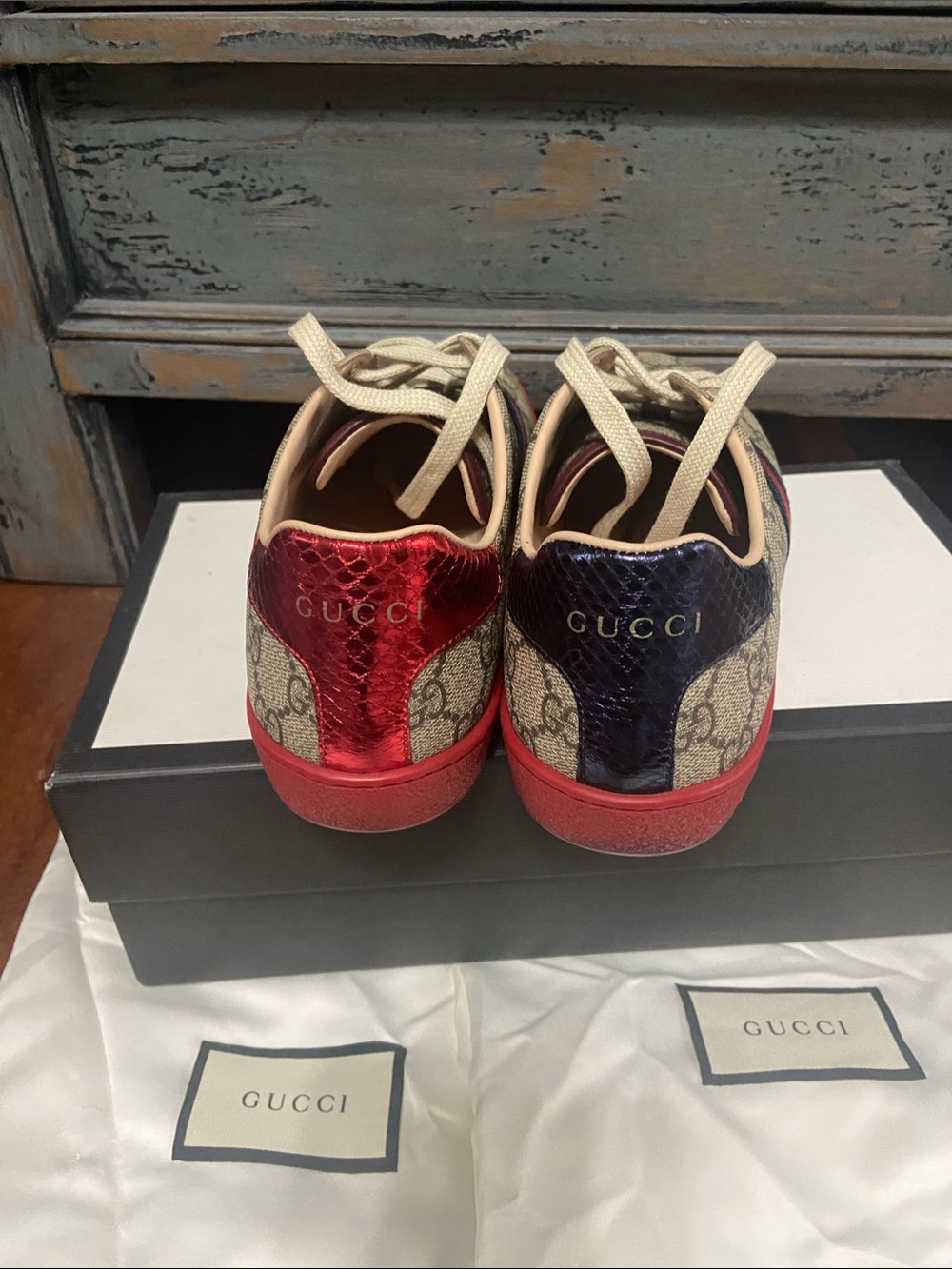 Gucci Beige GG Supreme Sneakers with Red Sole and Navy/Red Web Stripe - Picture 6 of 8